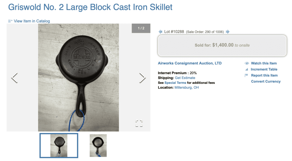 Griswold large block logo EPU smooth bottom number 2 cast iron skillet, pattern number 703. Sold for $1,400.